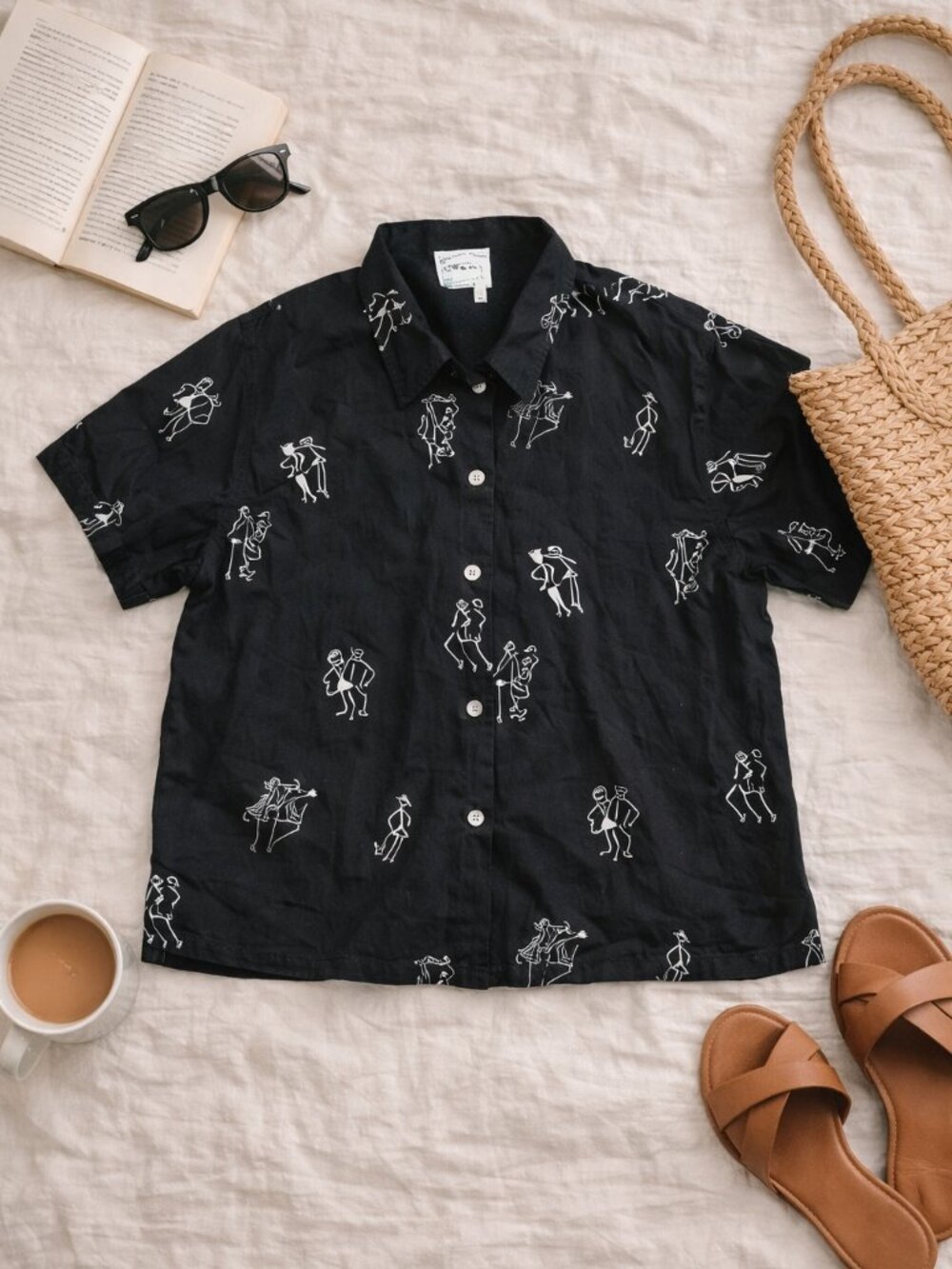Vintage Country Wear Casuals Shirt L Dancing Figures Art Print Black